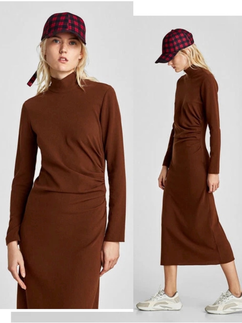 Zara Brown Long Sleeve Mock Neck Twist Detail Midi Dress Sz L stretchy classy - Picture 2 of 11